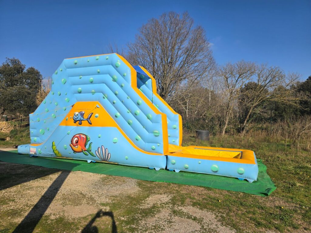 Vue de côté du toboggan gonflable Ocean Slide installé sur herbe.