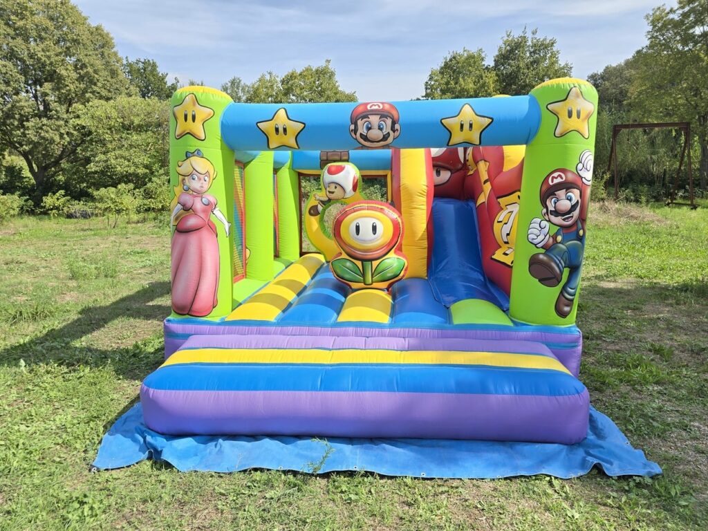 Vue frontale du château gonflable Super Mario avec décor de jeu vidéo et personnages.