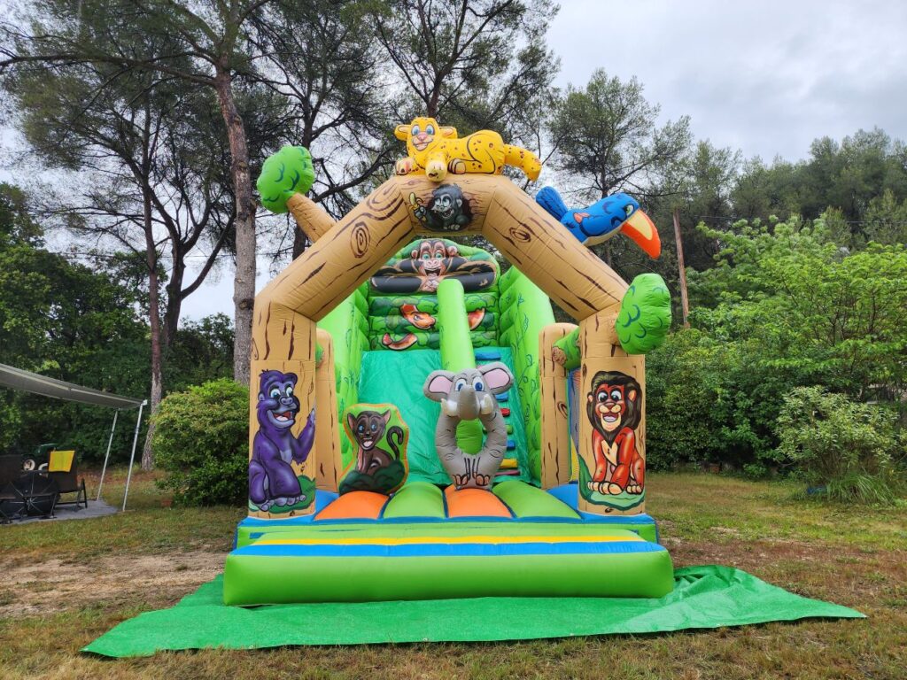 Vue de face du château gonflable Super Jungle