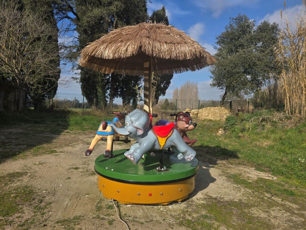 Mini carrousel Safari avec éléphant pour enfant, vue en extérieur.