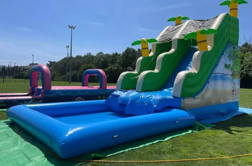 Zoom sur le toboggan Palm Beach avec détails colorés et palmiers décoratifs.